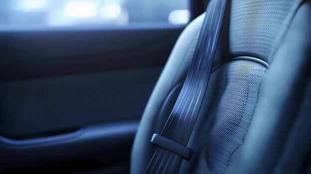 A seatbelt running diagonally across a fabric vehicle seat, photographed in cool blue interior light.