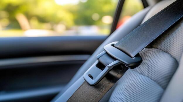 A seatbelt running down a vehicle pillar into a fixed latch plate beside the seat, with the door trim and window visible behind.